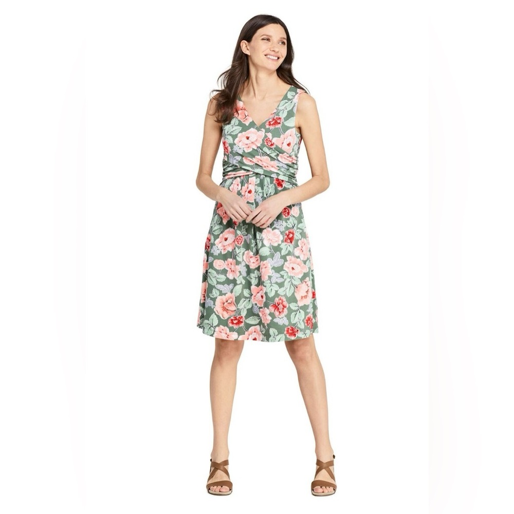 Lands End Wrap Front Fit Flare Dress Knee Length Floral Multicolor Size L Tall